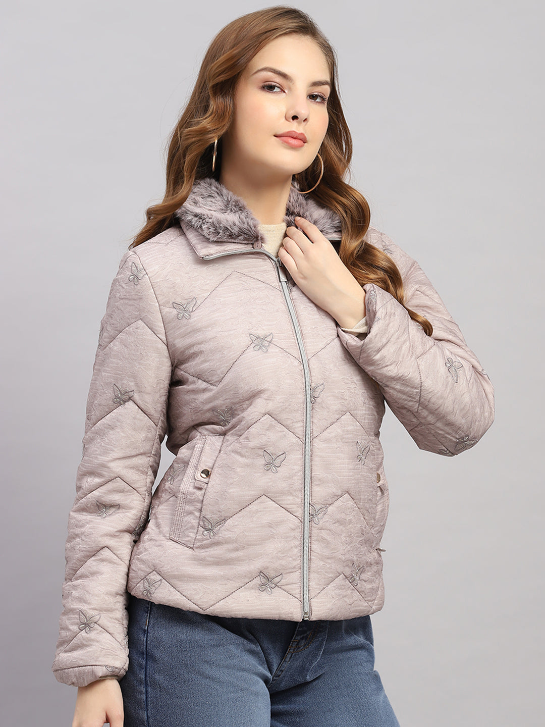 Women Grey Embroidered Collar Full Sleeve Jacket