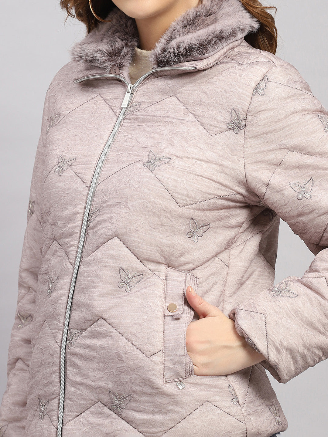 Women Grey Embroidered Collar Full Sleeve Jacket