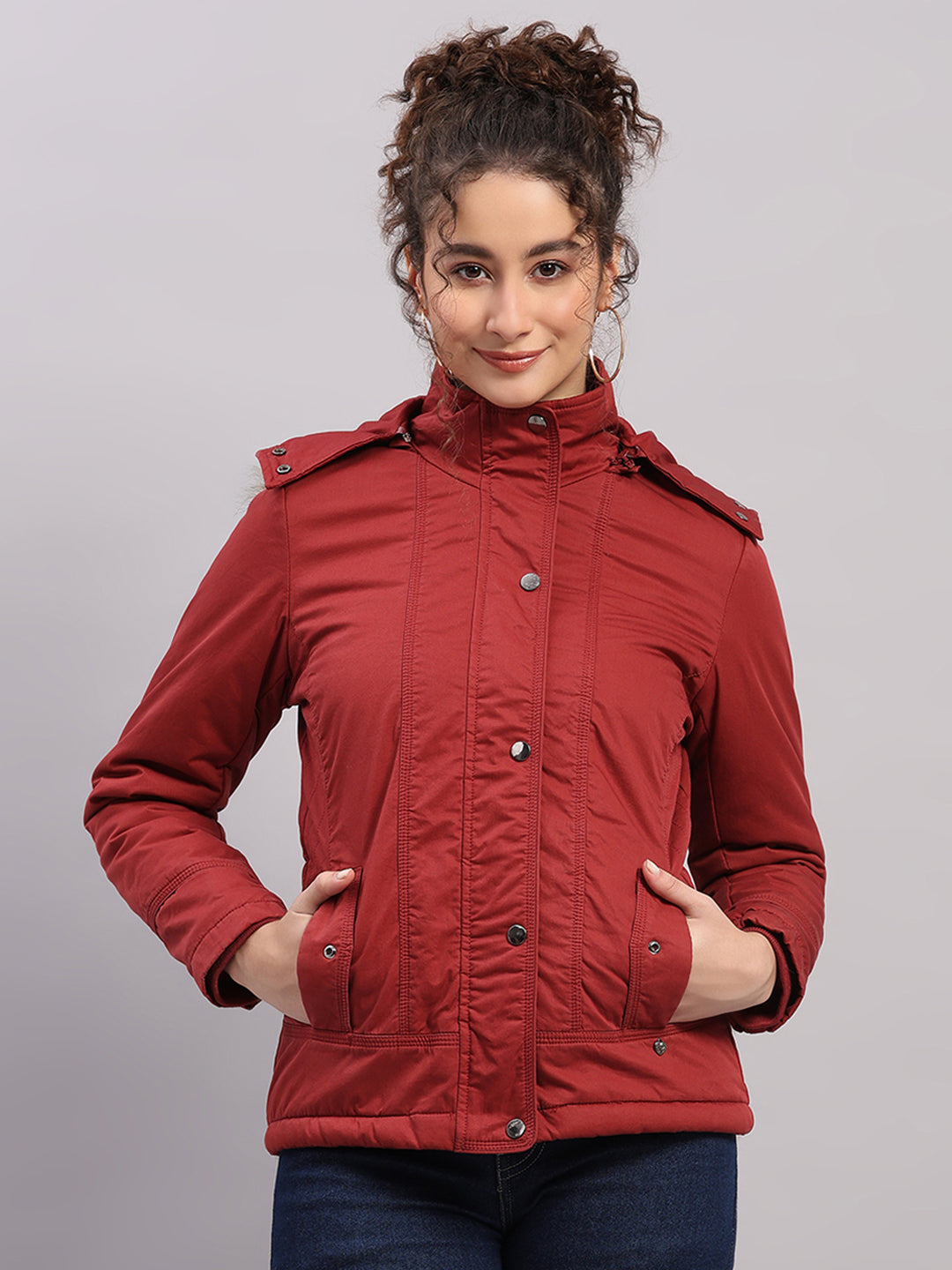 Women Maroon Solid Hooded Full Sleeve Jacket
