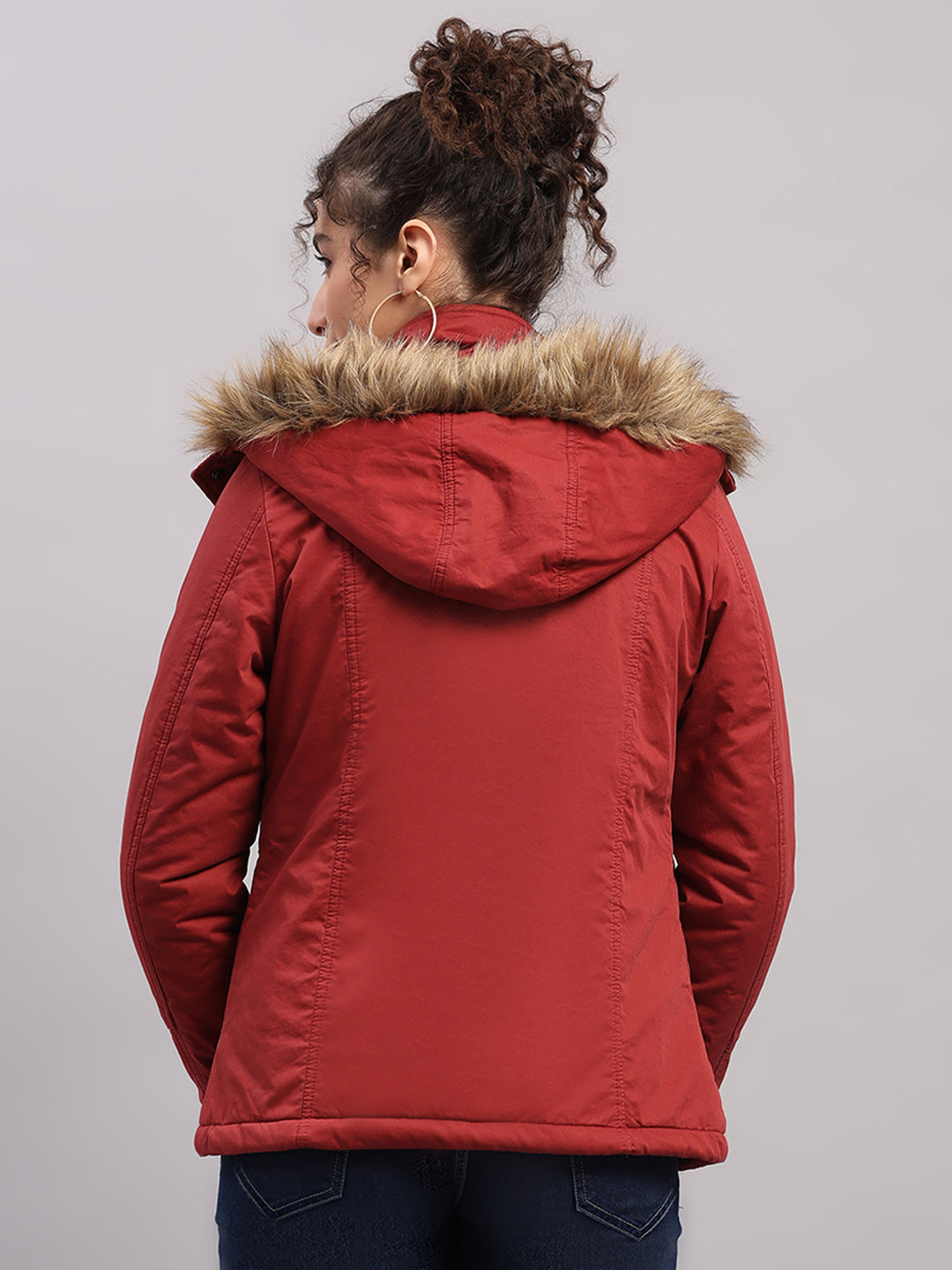 Women Maroon Solid Hooded Full Sleeve Jacket