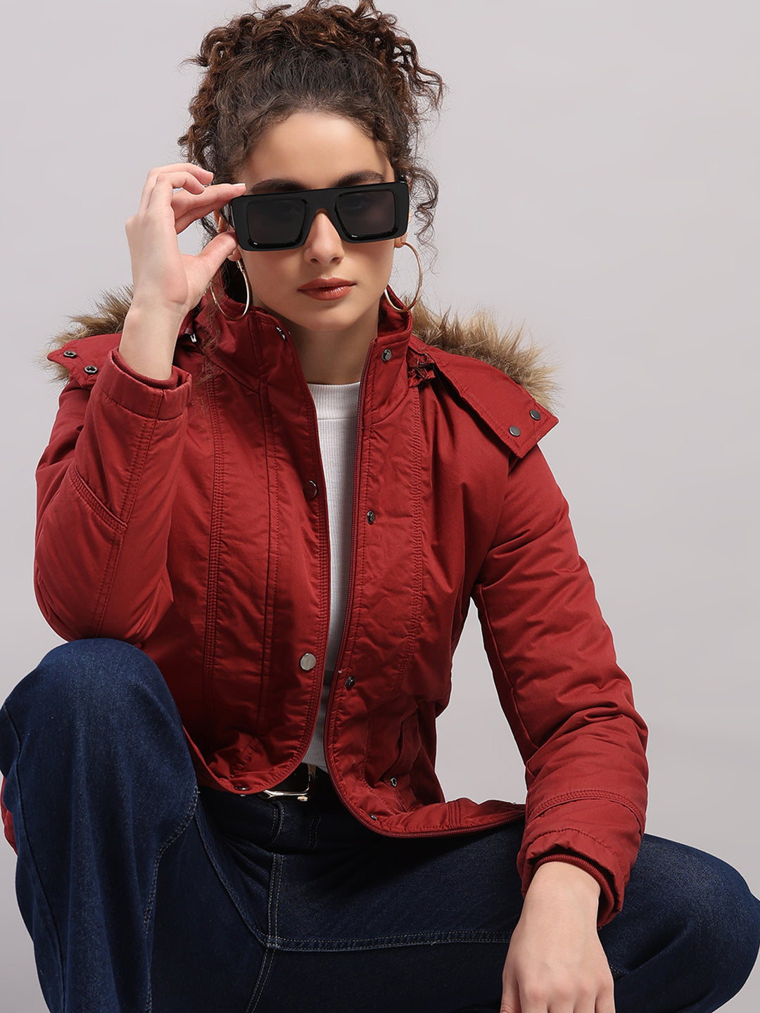 Women Maroon Solid Hooded Full Sleeve Jacket