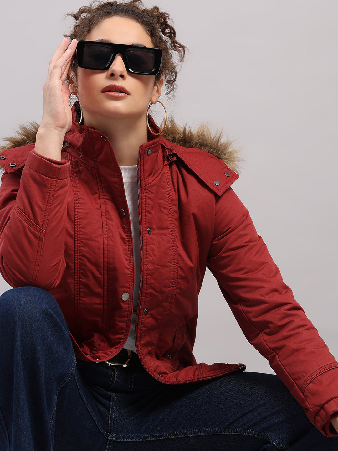 Women Maroon Solid Hooded Full Sleeve Jacket