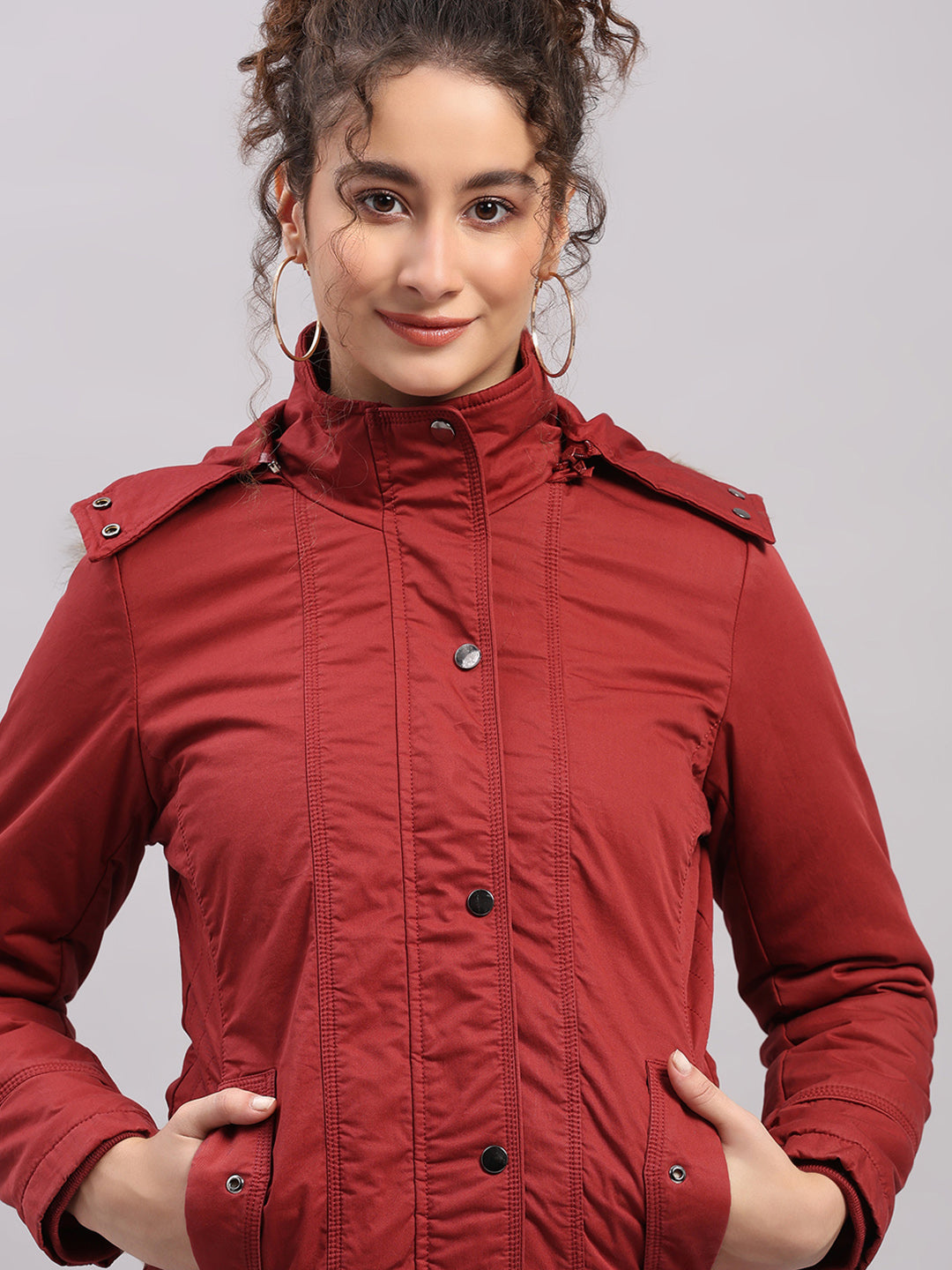 Women Maroon Solid Hooded Full Sleeve Jacket