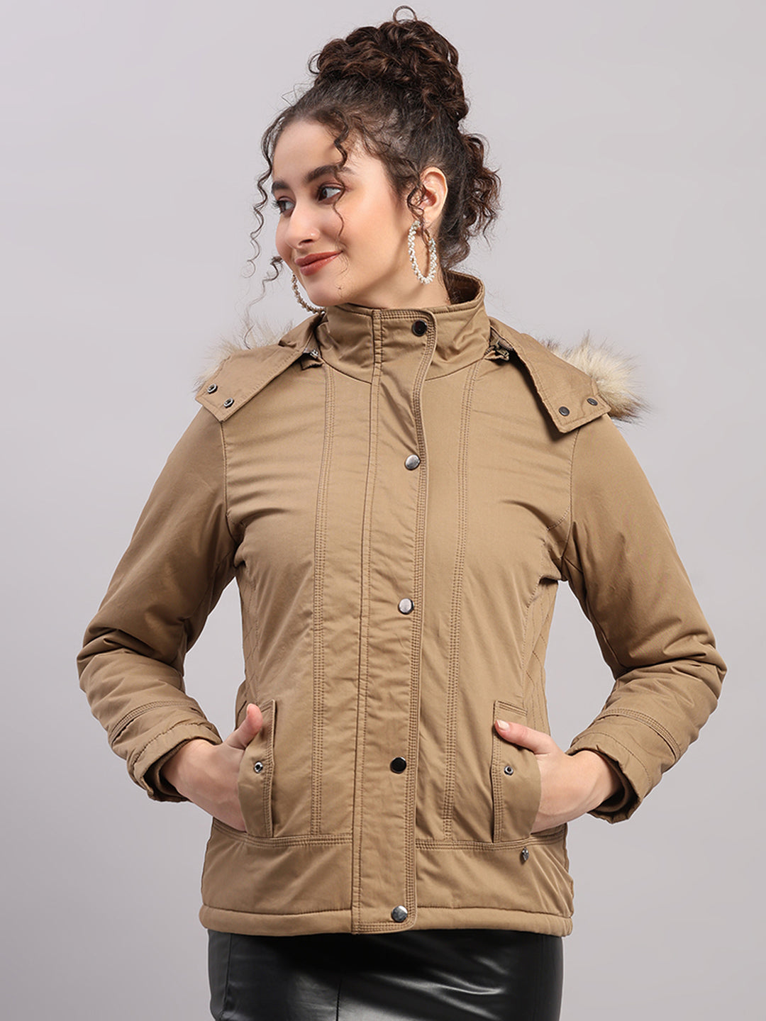 Women Khaki Solid Hooded Full Sleeve Jacket