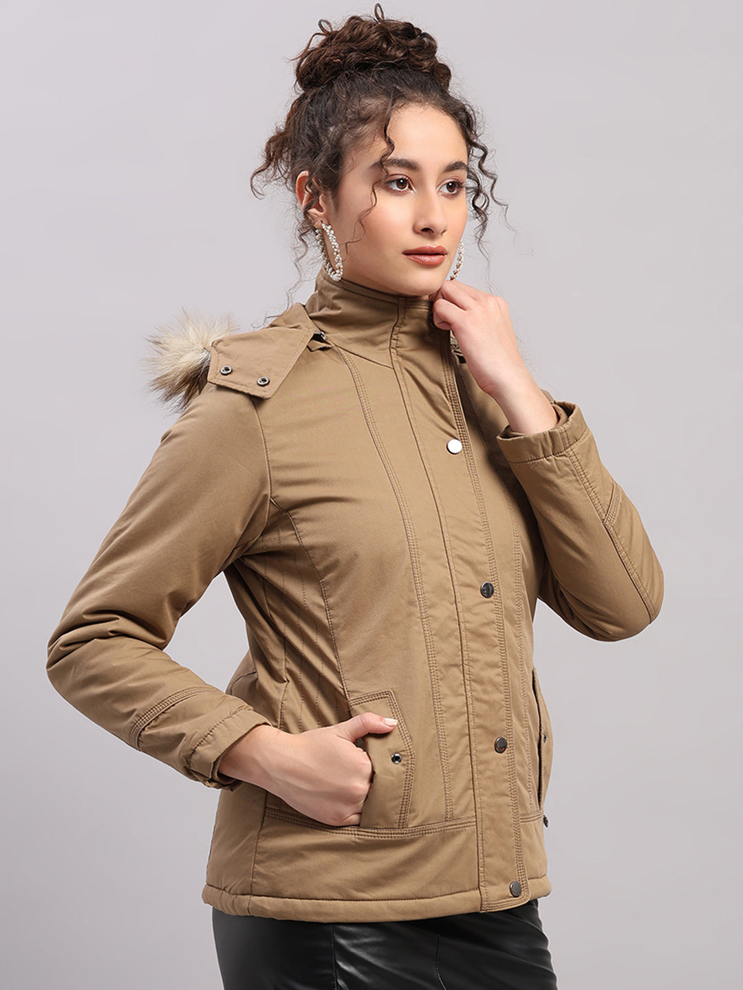 Women Khaki Solid Hooded Full Sleeve Jacket