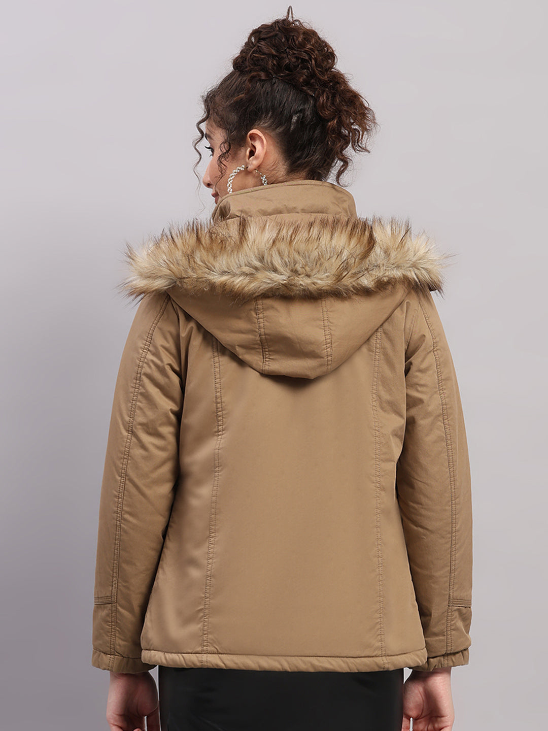 Women Khaki Solid Hooded Full Sleeve Jacket