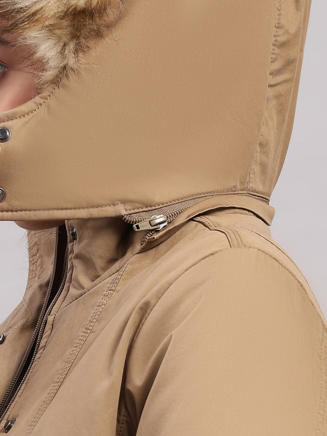 Women Khaki Solid Hooded Full Sleeve Jacket