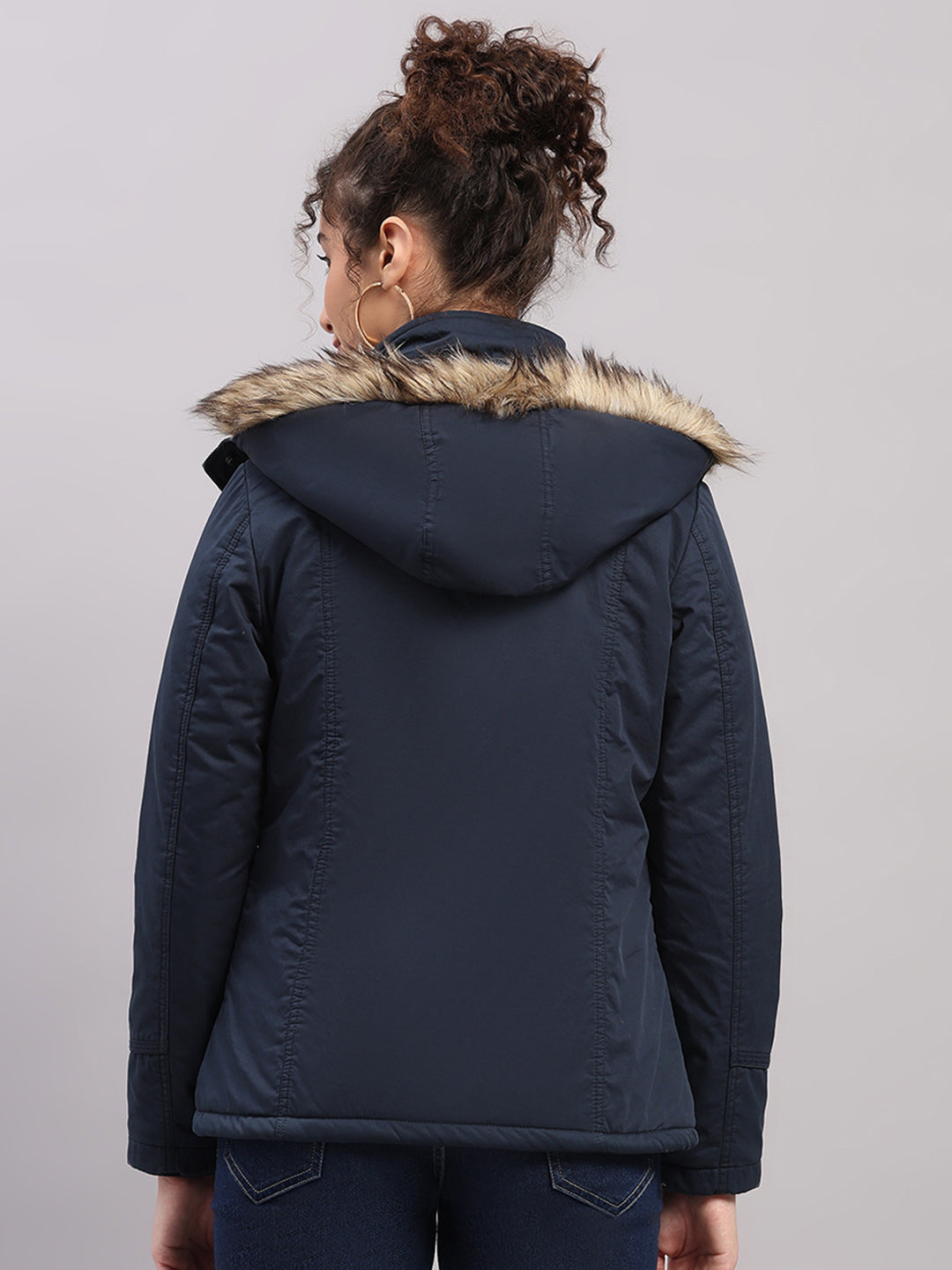 Women Blue Solid Hooded Full Sleeve Jacket