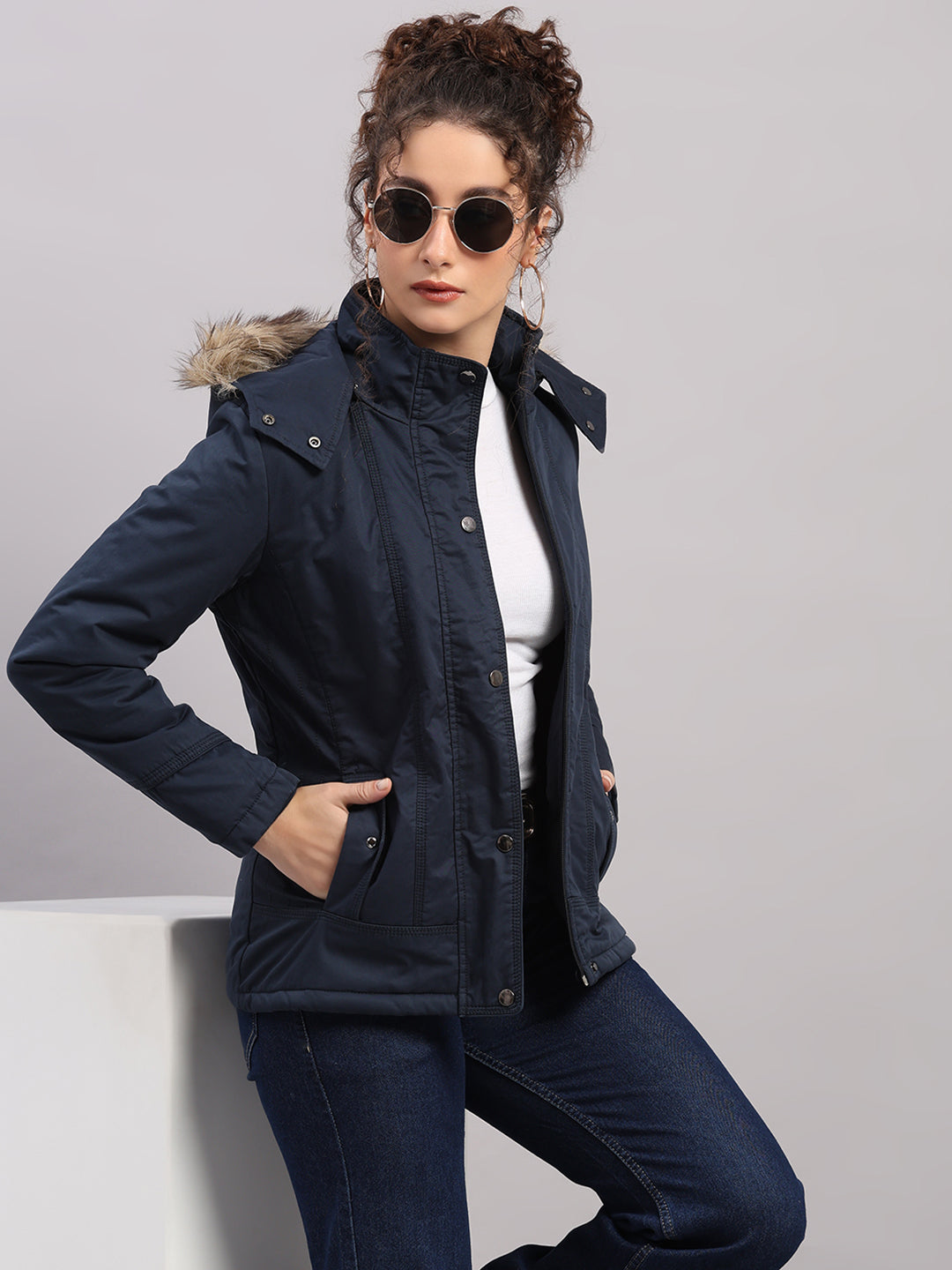 Women Blue Solid Hooded Full Sleeve Jacket