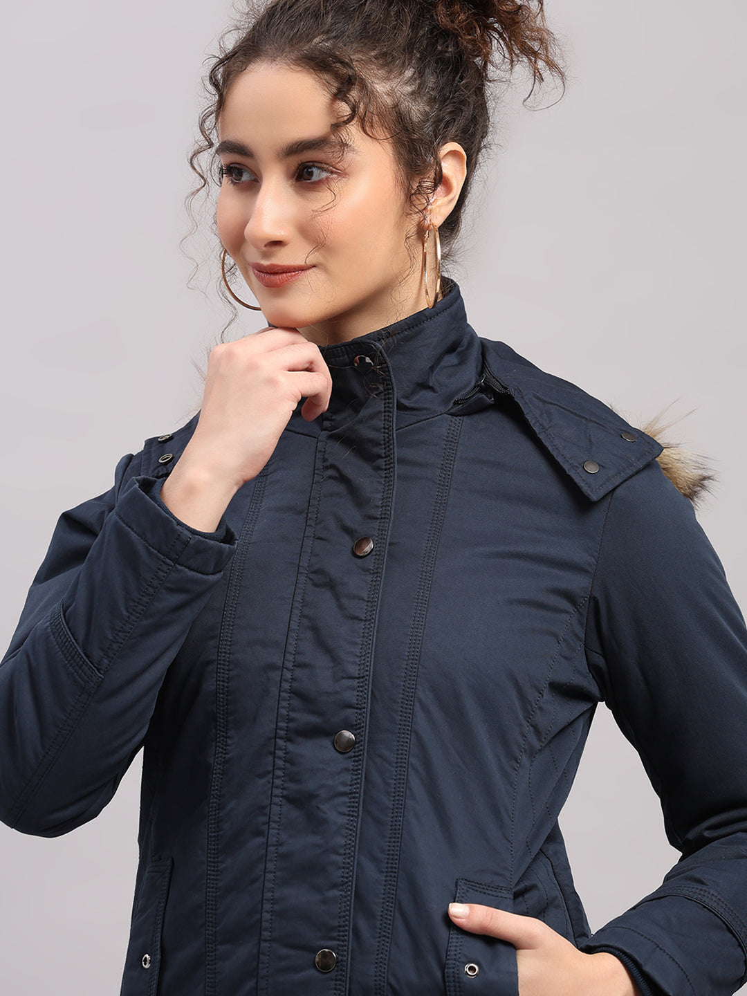 Women Blue Solid Hooded Full Sleeve Jacket