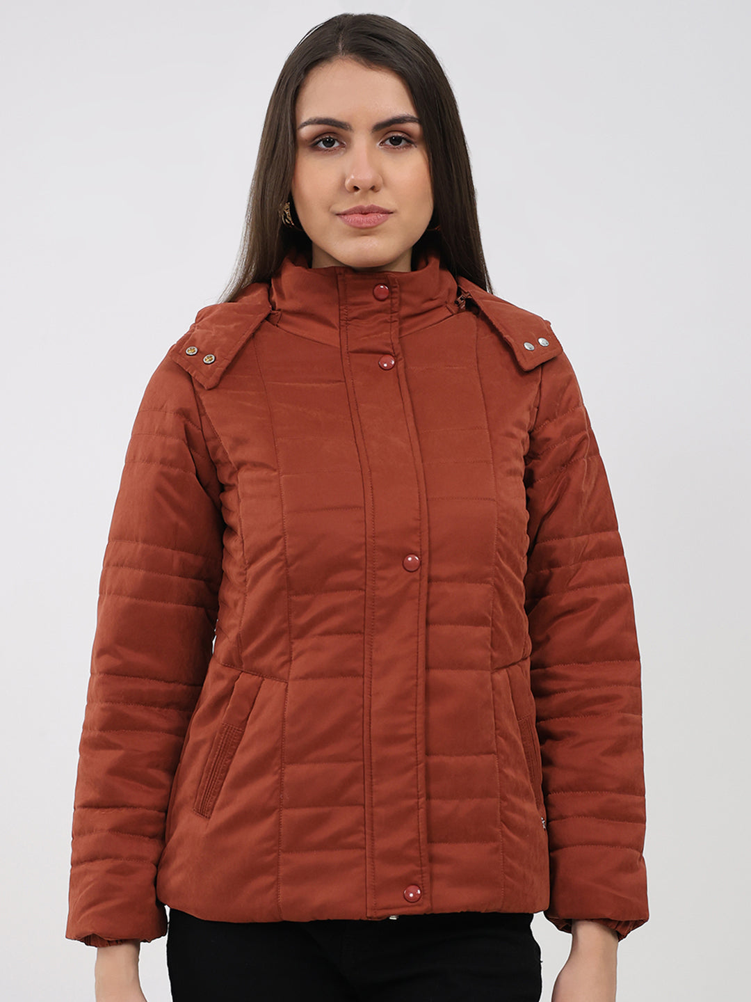 Women Rust Solid Hooded Full Sleeve Jacket