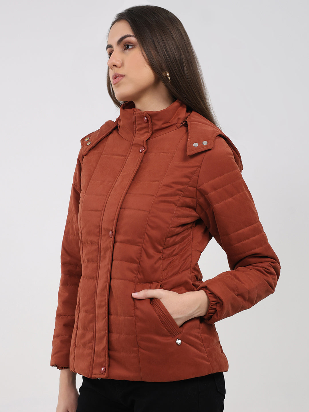 Women Rust Solid Hooded Full Sleeve Jacket