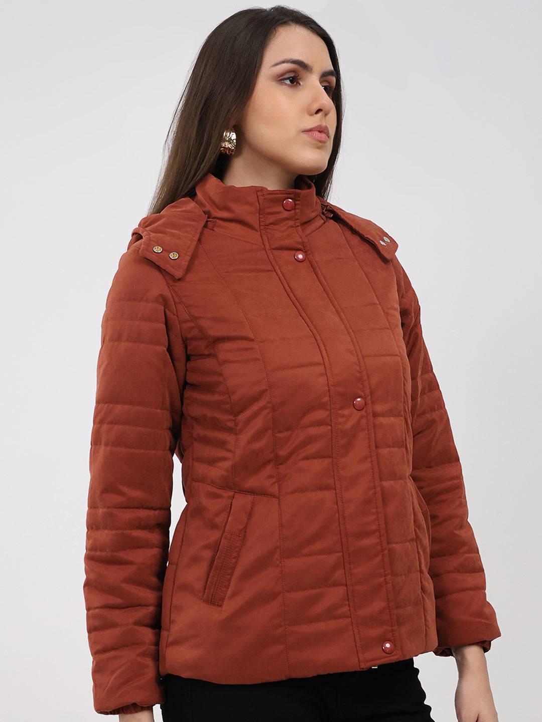 Women Rust Solid Hooded Full Sleeve Jacket