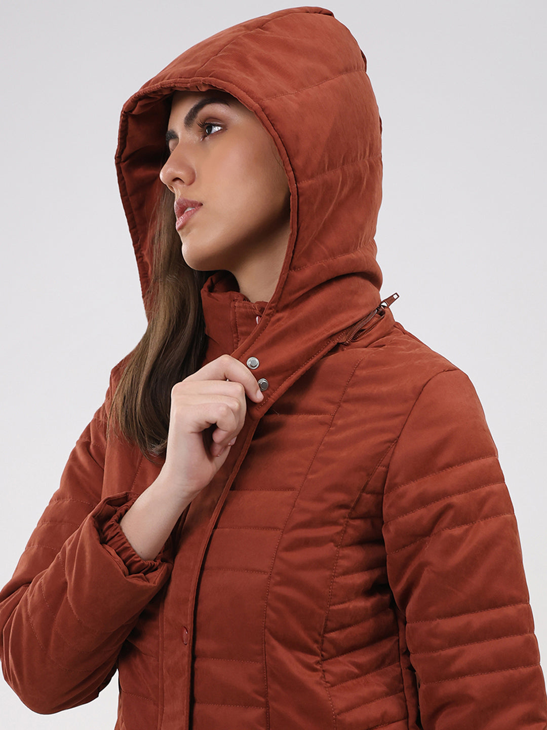 Women Rust Solid Hooded Full Sleeve Jacket