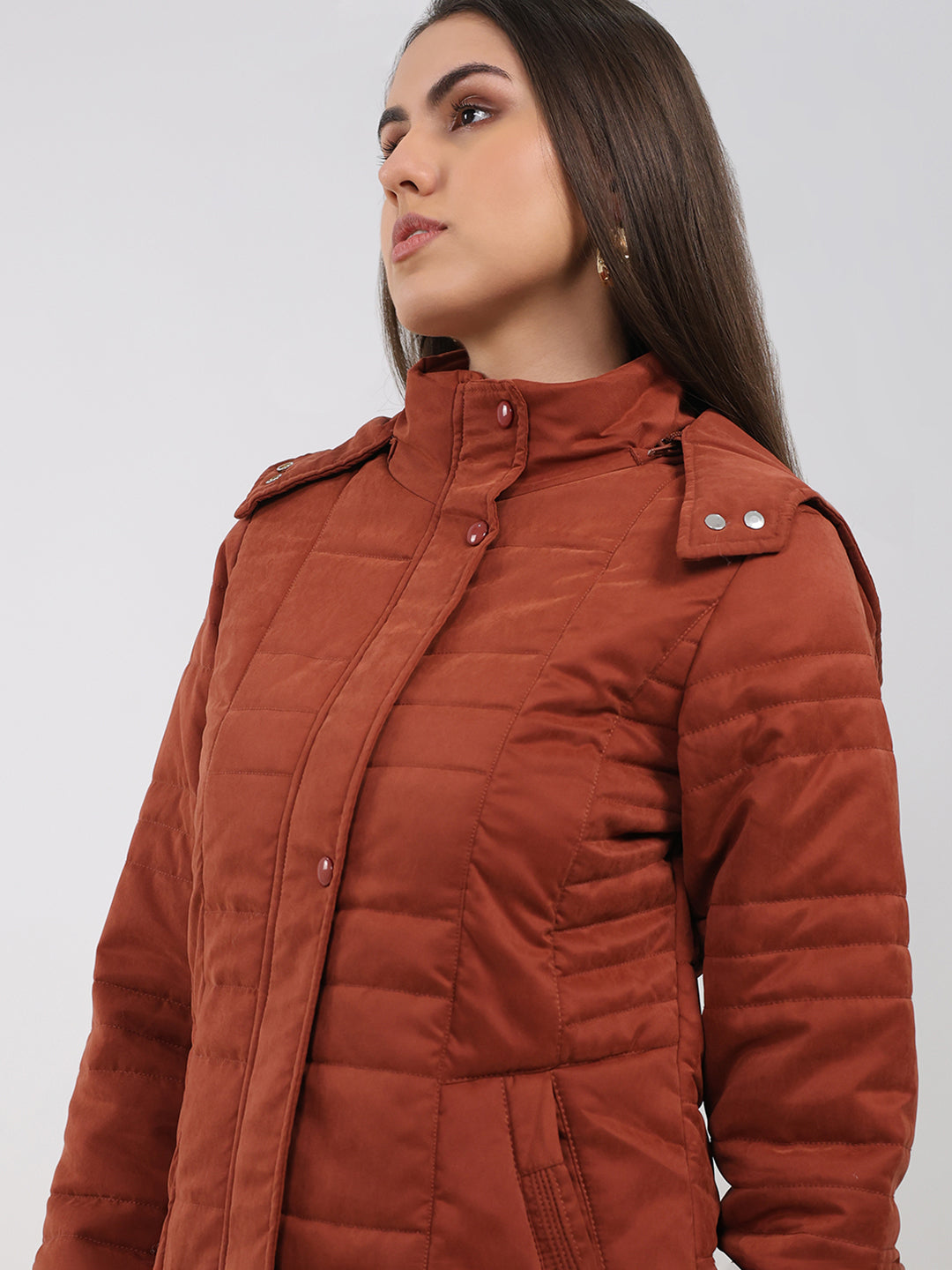 Women Rust Solid Hooded Full Sleeve Jacket