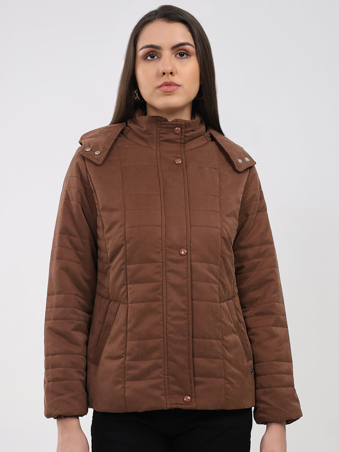 Women Brown Solid Hooded Full Sleeve Jacket