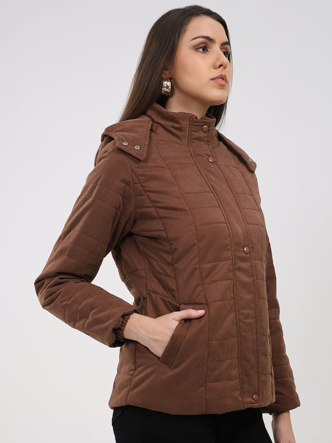 Women Brown Solid Hooded Full Sleeve Jacket