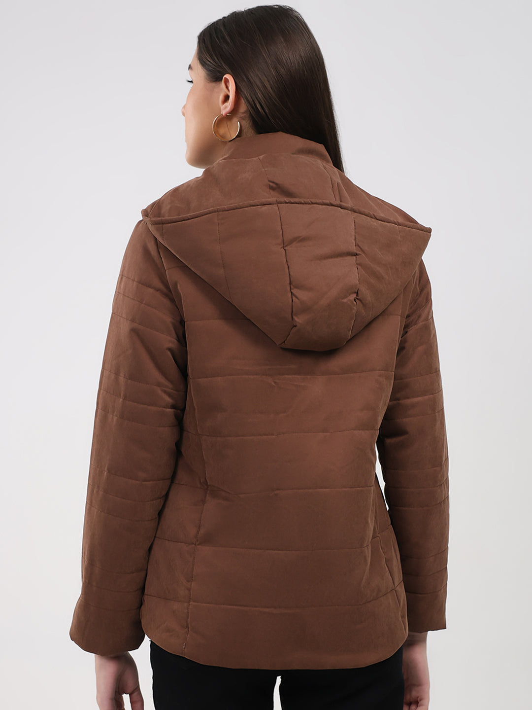 Women Brown Solid Hooded Full Sleeve Jacket