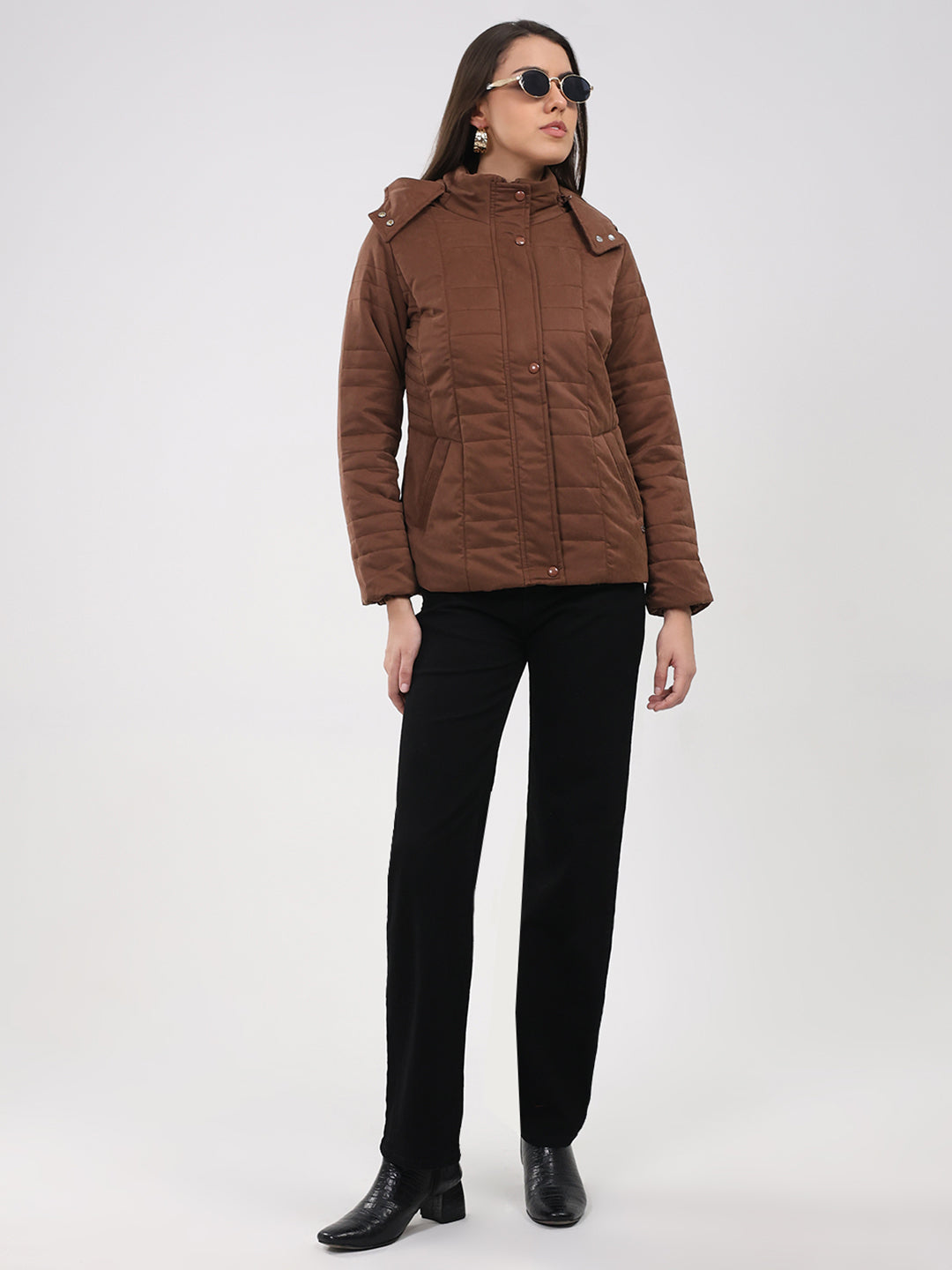 Women Brown Solid Hooded Full Sleeve Jacket