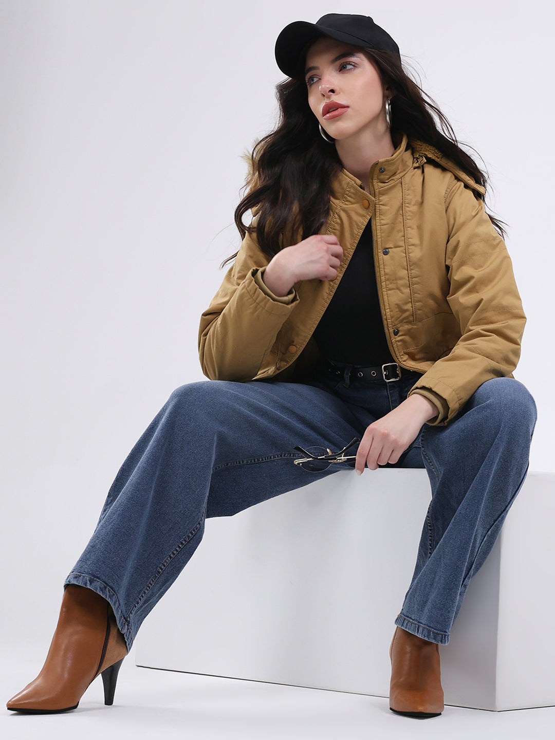 Women Mustard Solid Hooded Full Sleeve Jacket