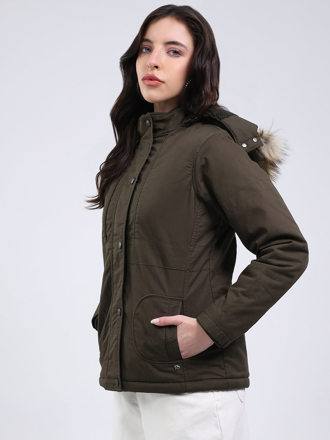 Women Olive Solid Hooded Full Sleeve Jacket