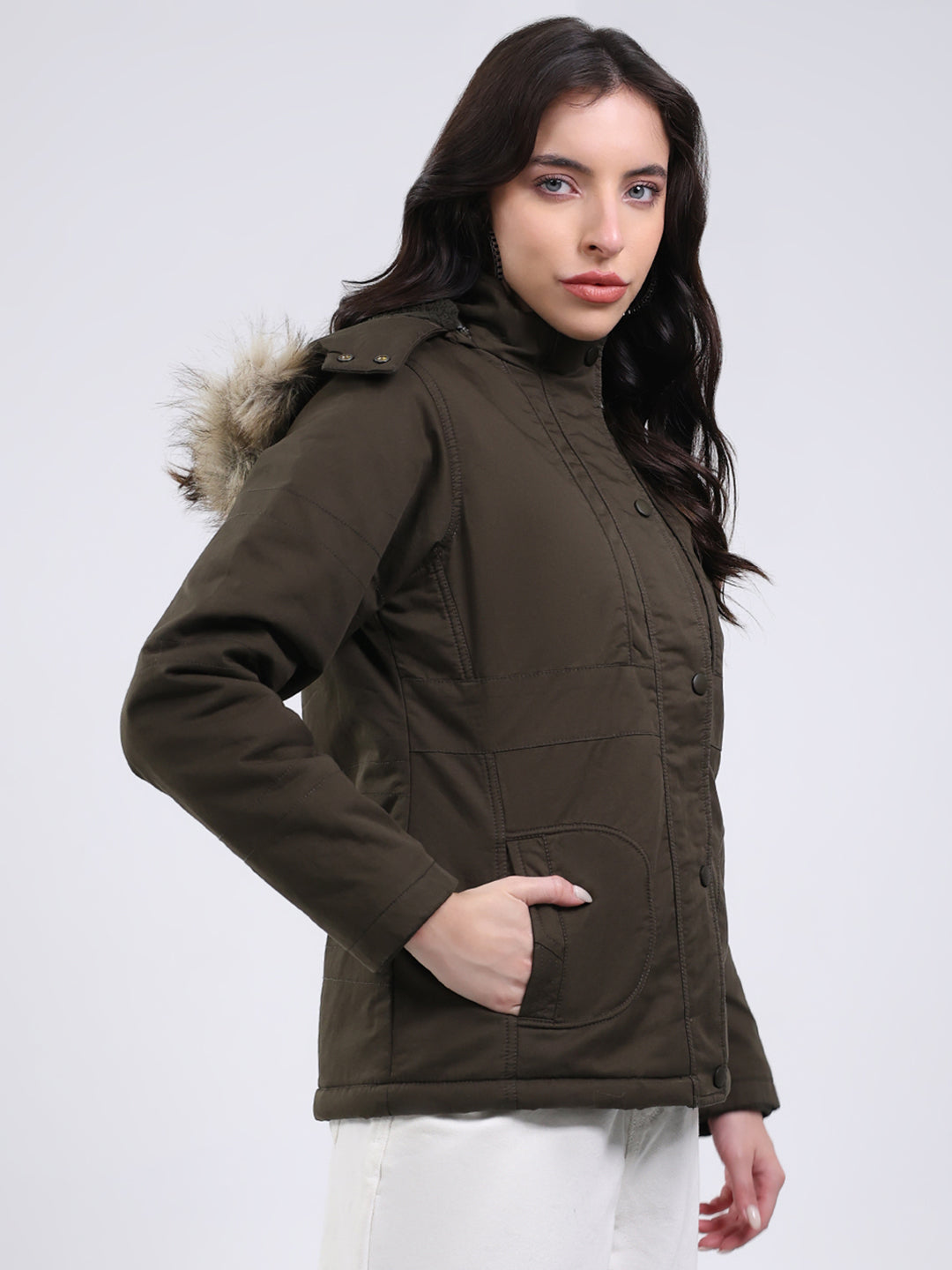 Women Olive Solid Hooded Full Sleeve Jacket
