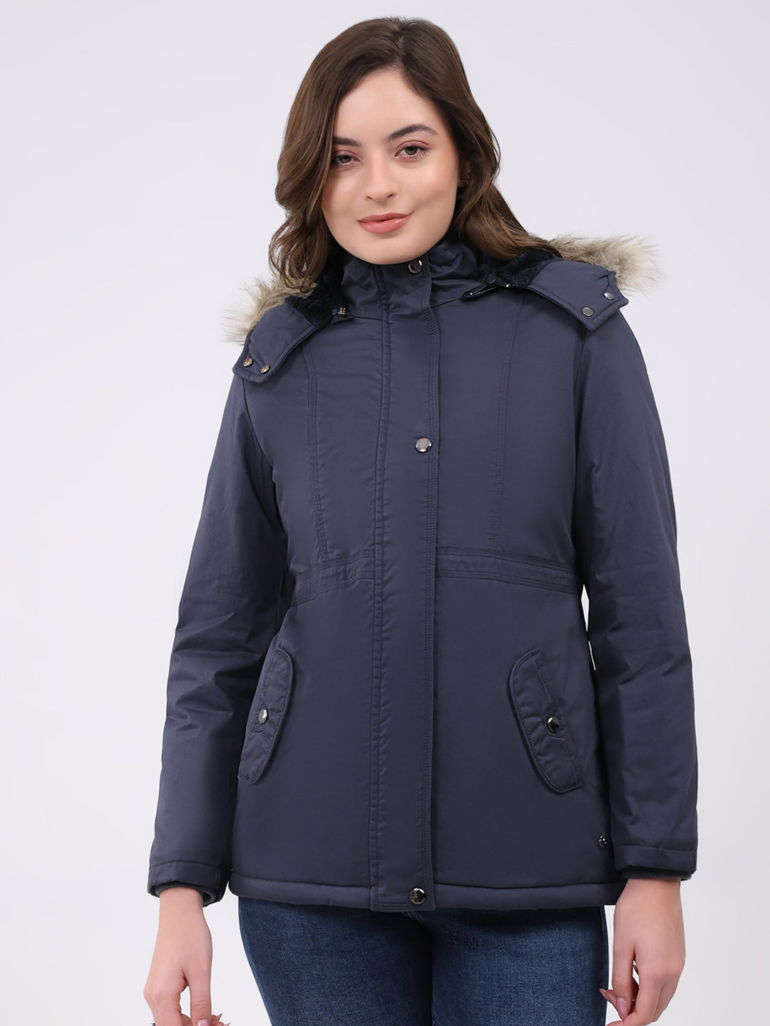 Women Navy Blue Solid Hooded Full Sleeve Jacket
