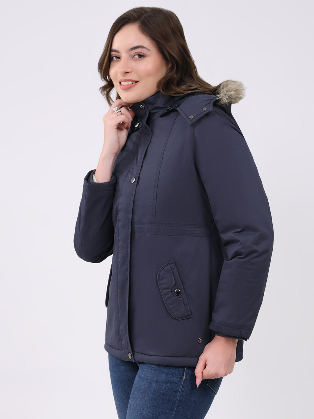 Women Navy Blue Solid Hooded Full Sleeve Jacket