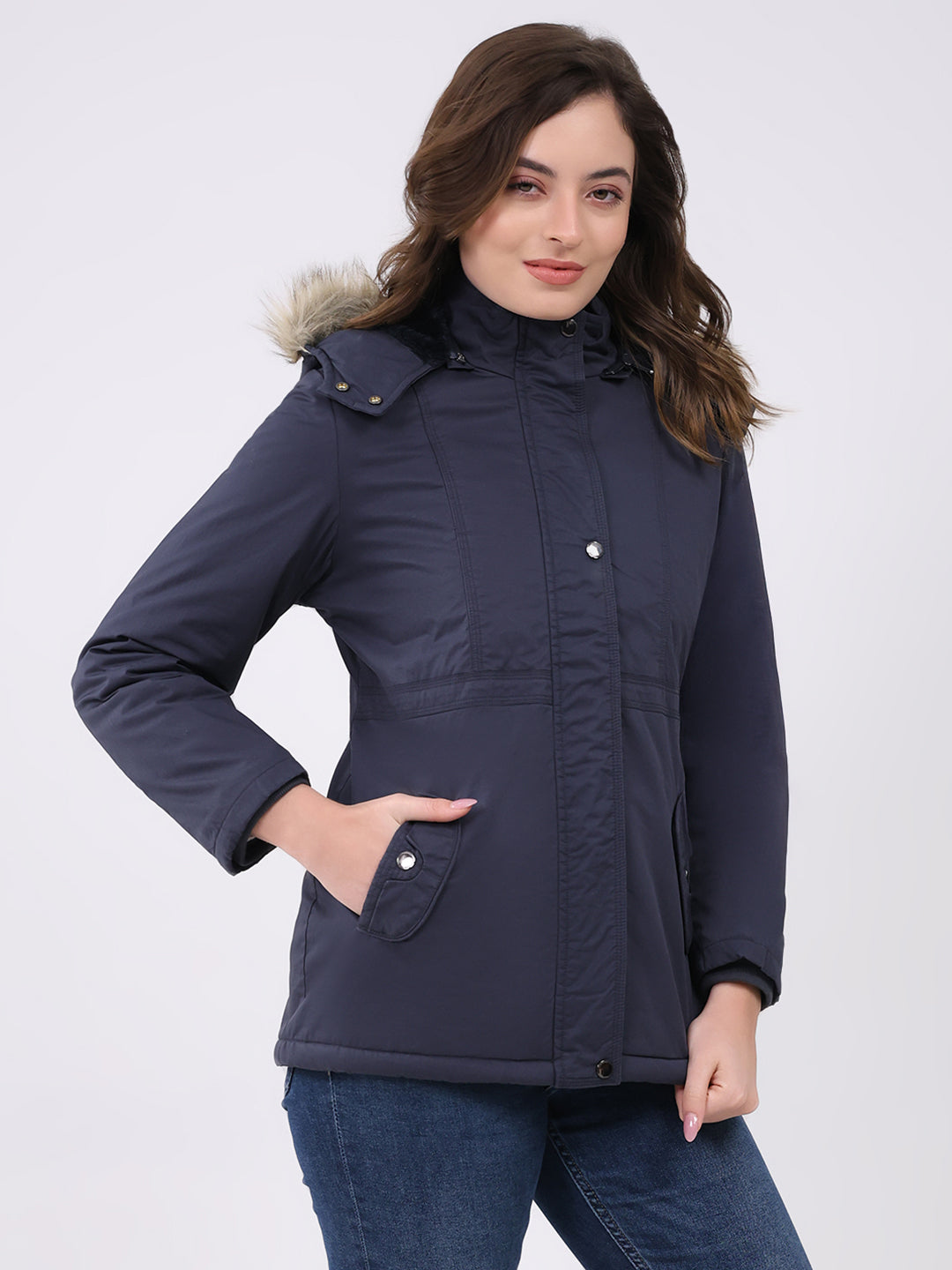 Women Navy Blue Solid Hooded Full Sleeve Jacket