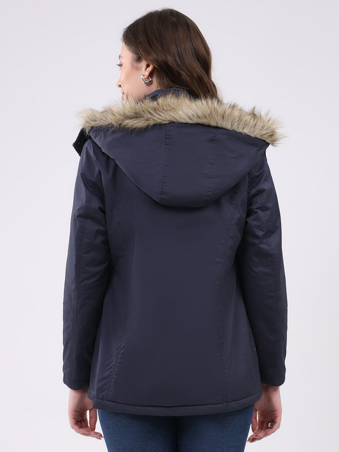Women Navy Blue Solid Hooded Full Sleeve Jacket