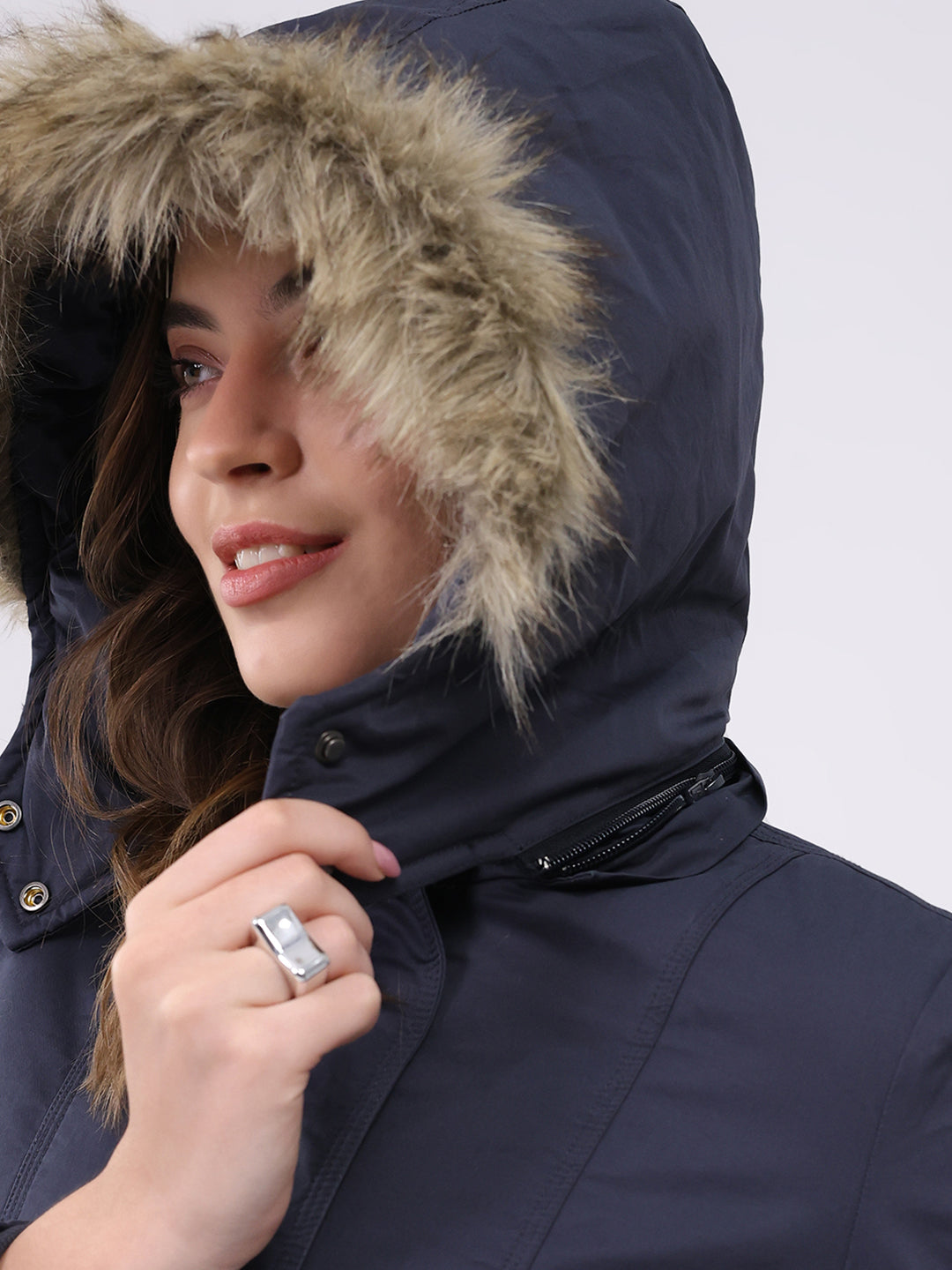 Women Navy Blue Solid Hooded Full Sleeve Jacket