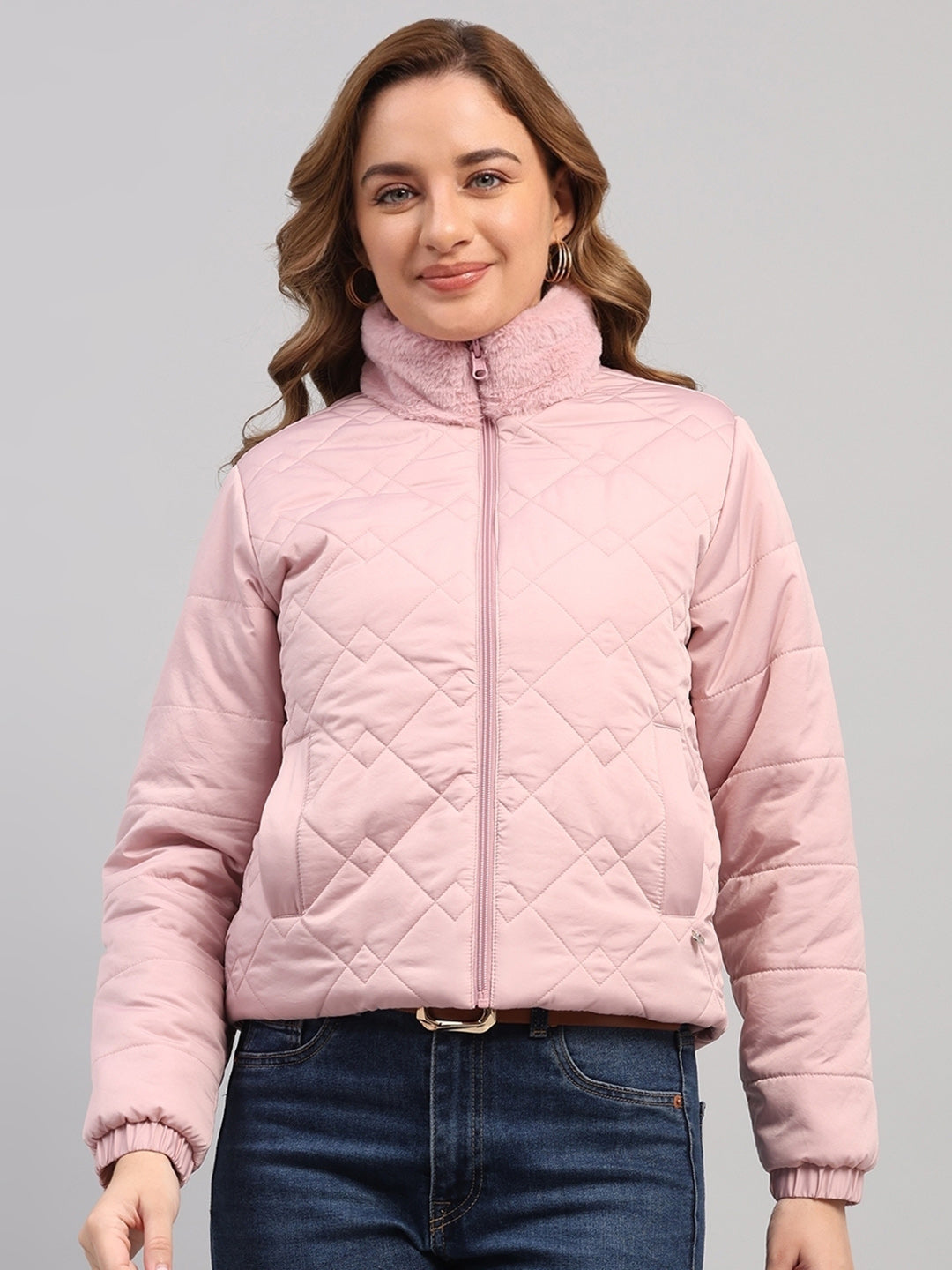 Women Pink Solid Collar Full Sleeve Reversible Jacket