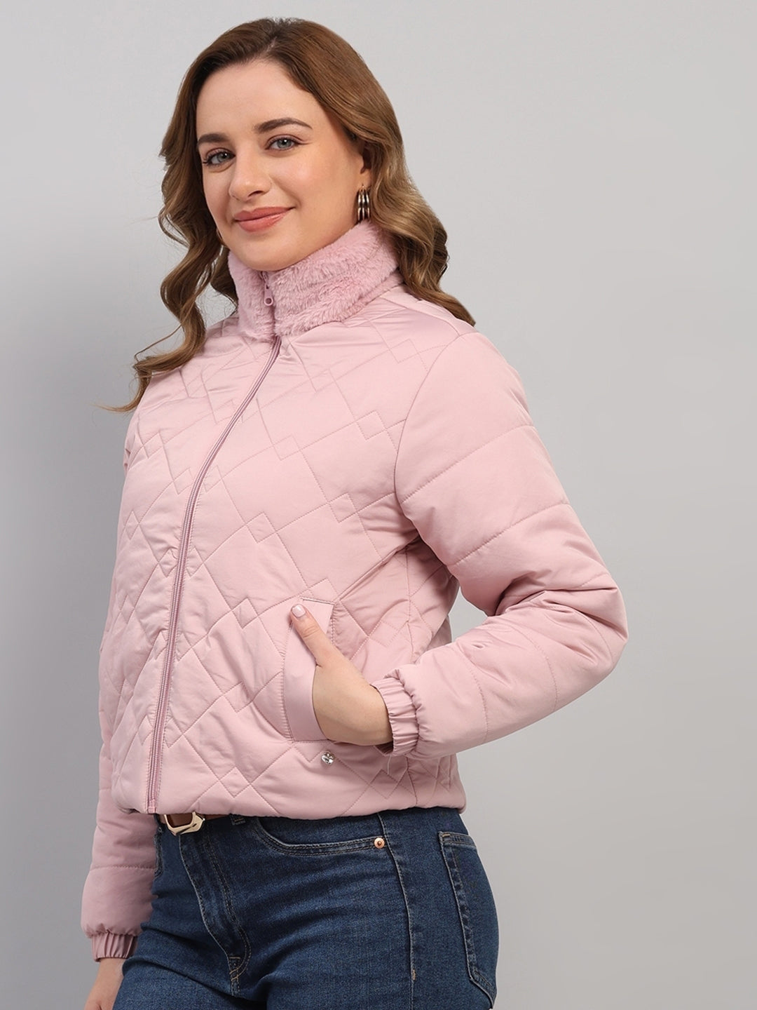 Women Pink Solid Collar Full Sleeve Reversible Jacket