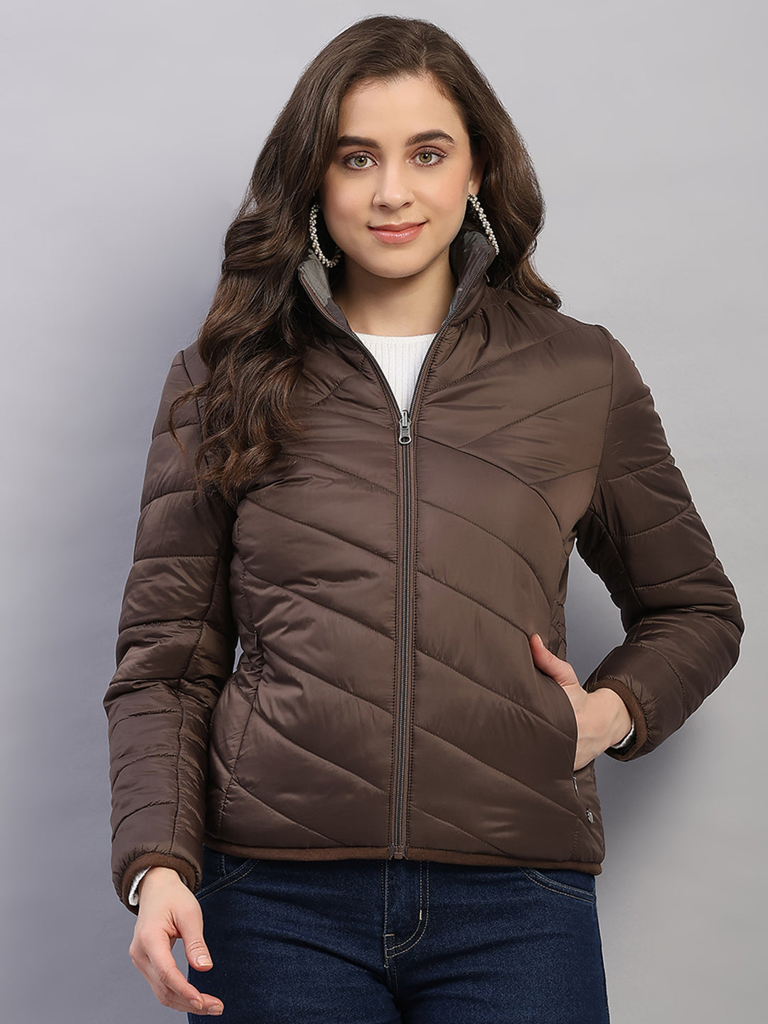 Women Brown Solid Collar Full Sleeve Reversible Jacket