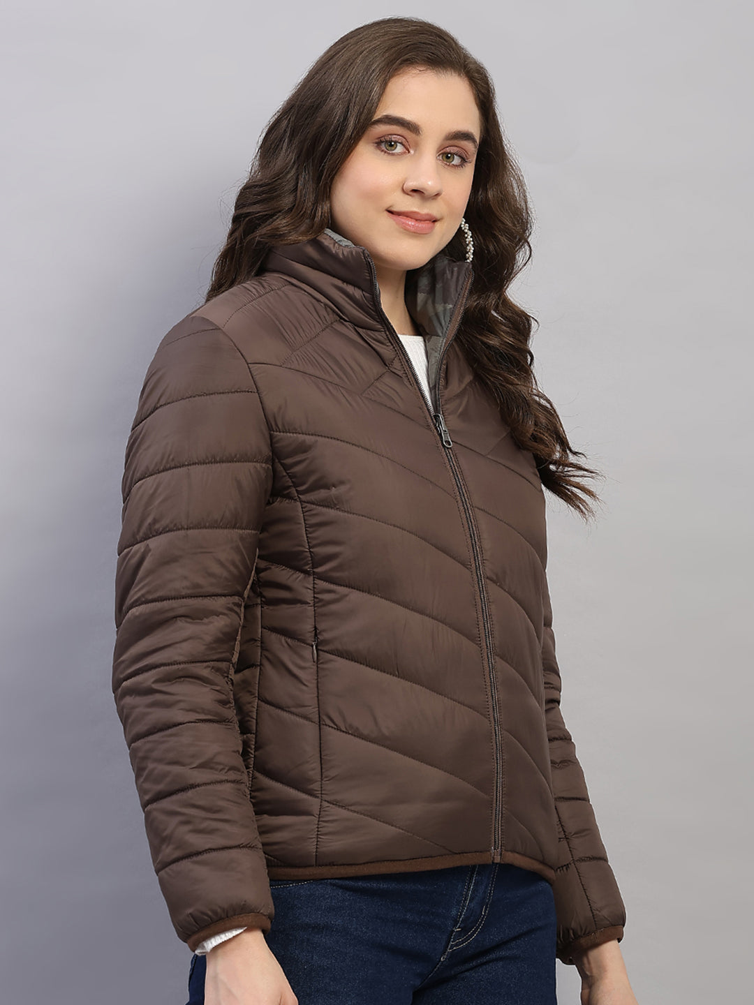 Women Brown Solid Collar Full Sleeve Reversible Jacket