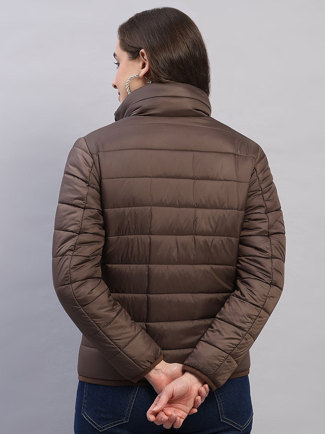 Women Brown Solid Collar Full Sleeve Reversible Jacket