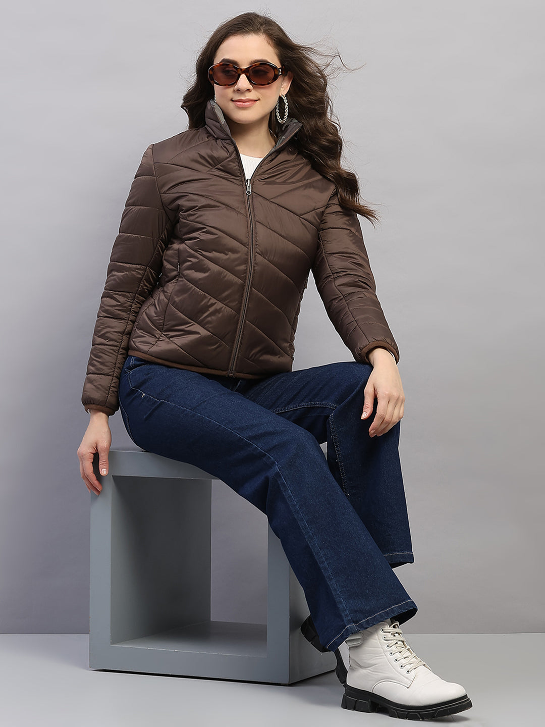 Women Brown Solid Collar Full Sleeve Reversible Jacket