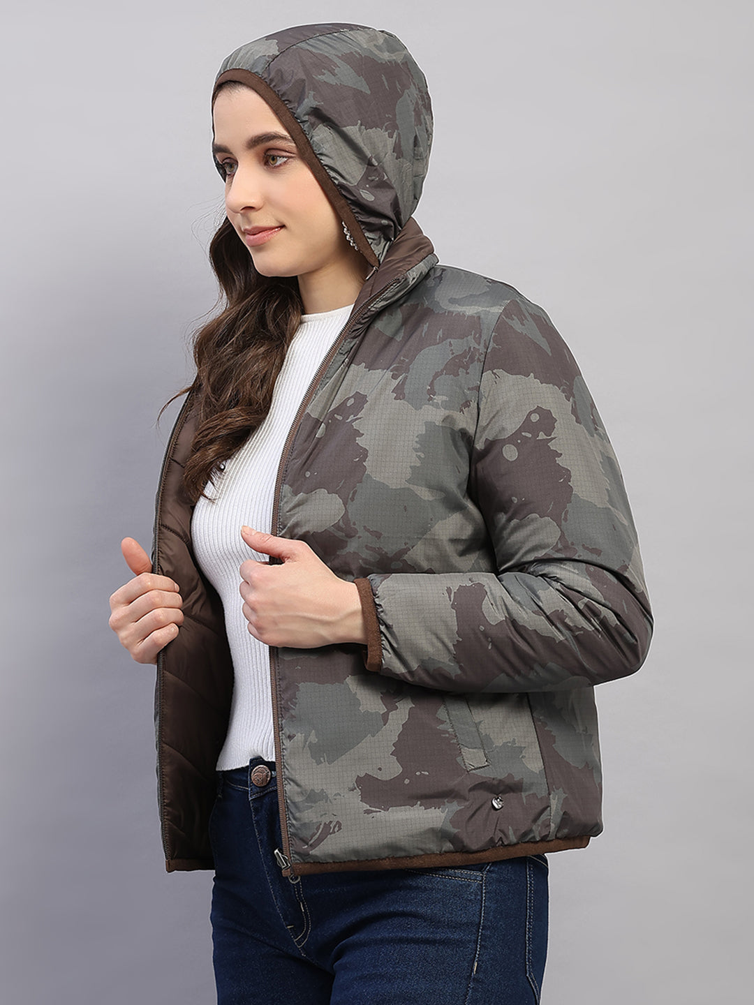 Women Brown Solid Collar Full Sleeve Reversible Jacket