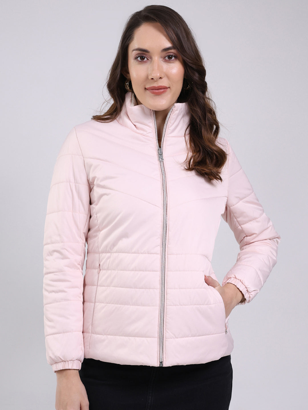 Women Pink Solid Mock Neck Full Sleeve Jacket