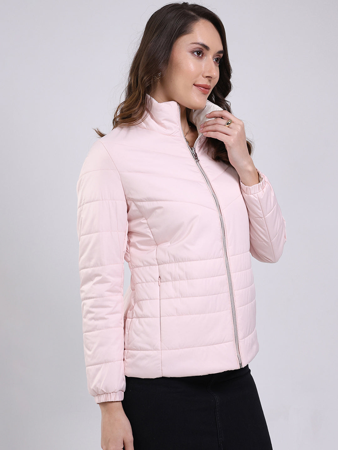 Women Pink Solid Mock Neck Full Sleeve Jacket