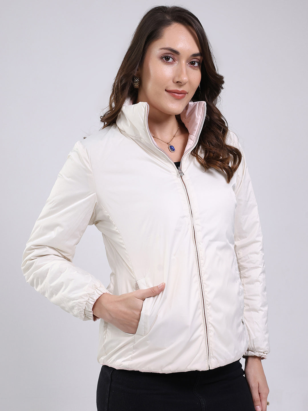 Women Pink Solid Mock Neck Full Sleeve Jacket