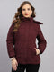 Women Burgundy Solid Hooded Full Sleeve Jacket