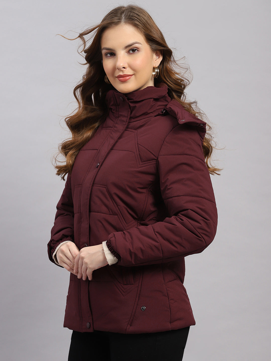 Women Burgundy Solid Hooded Full Sleeve Jacket