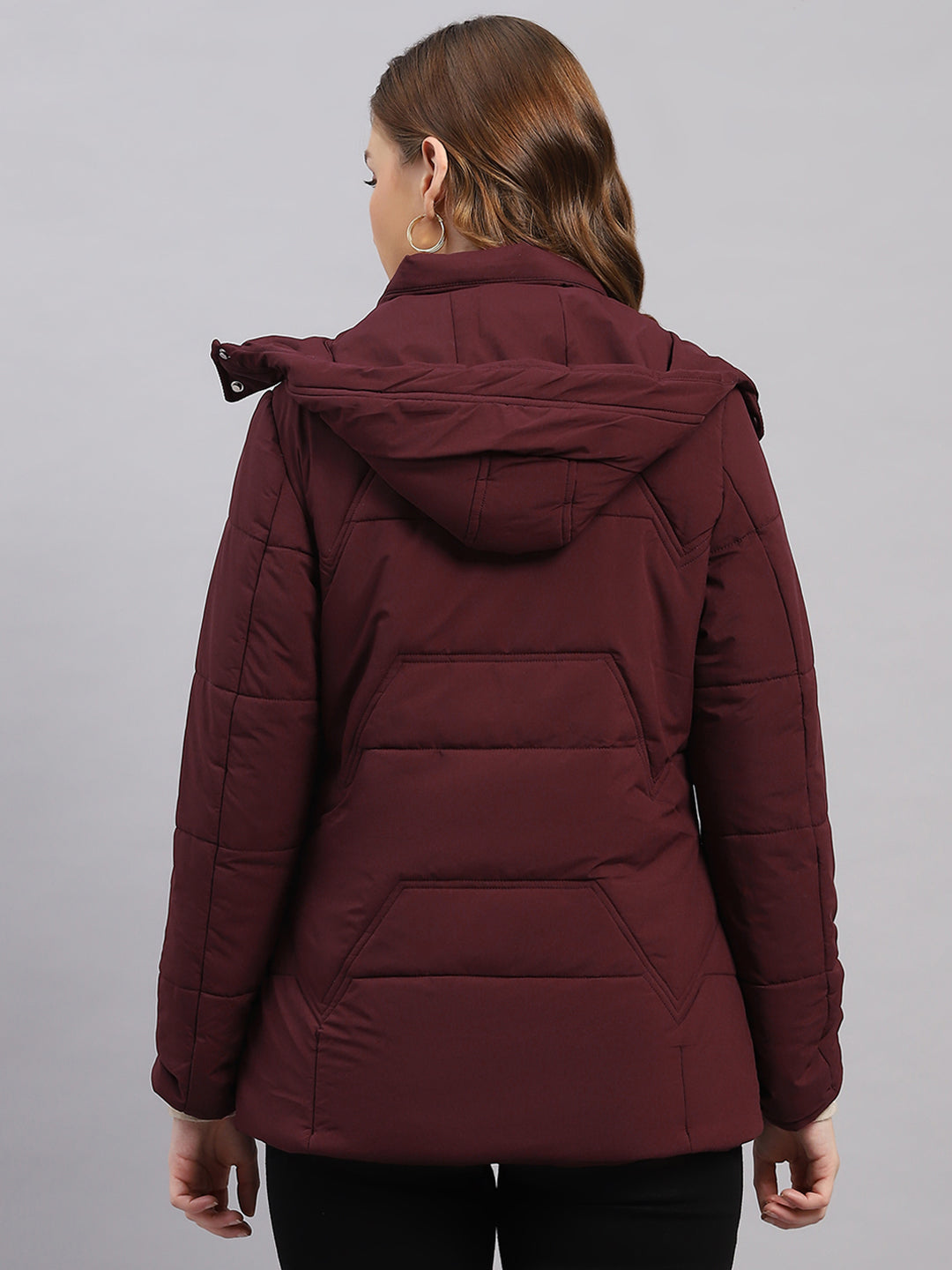 Women Burgundy Solid Hooded Full Sleeve Jacket