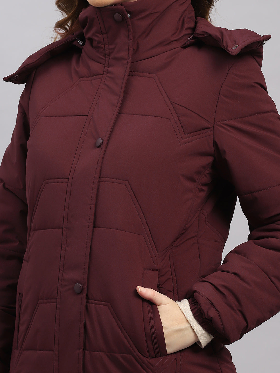 Women Burgundy Solid Hooded Full Sleeve Jacket