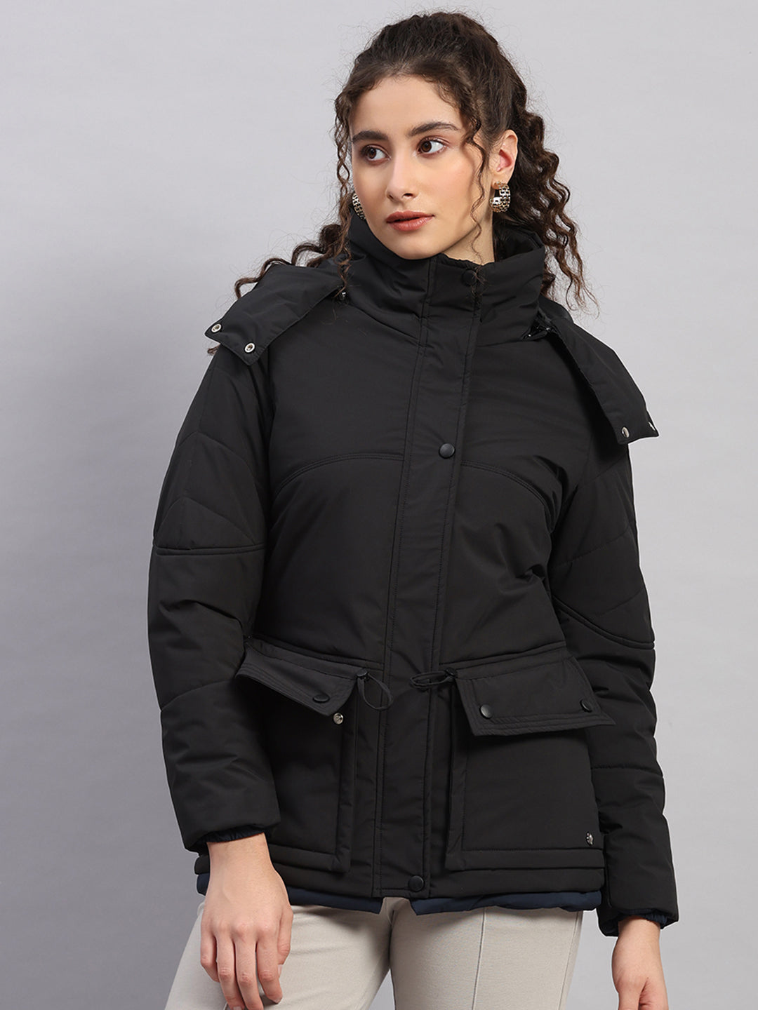 Women Black Solid Hooded Full Sleeve Jacket