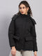 Women Black Solid Hooded Full Sleeve Jacket