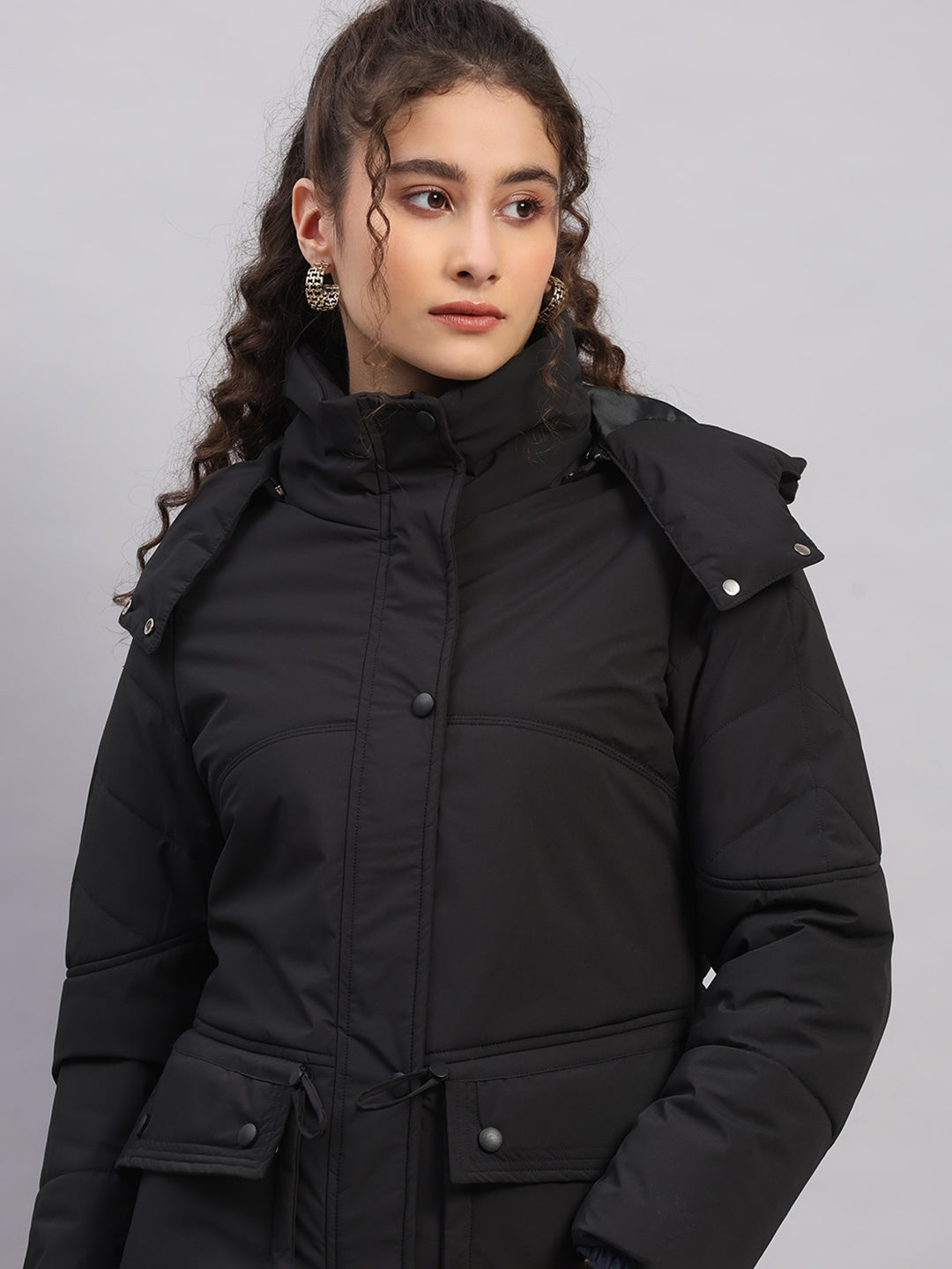Women Black Solid Hooded Full Sleeve Jacket