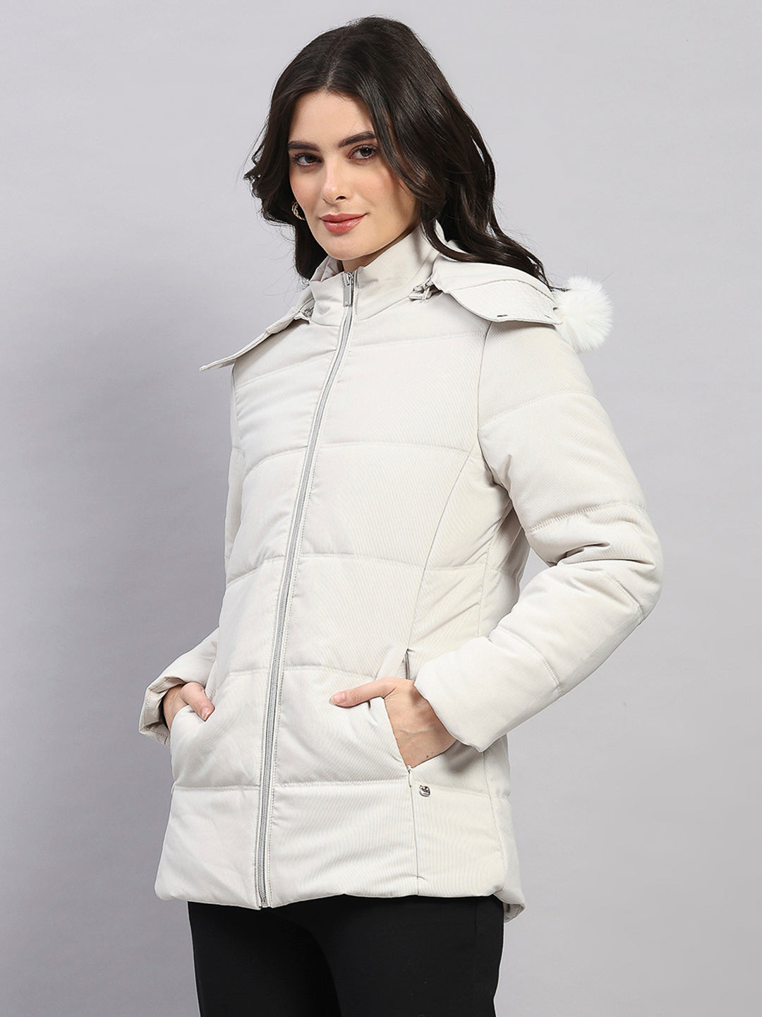 Women Off White Stripe Hooded Full Sleeve Jacket