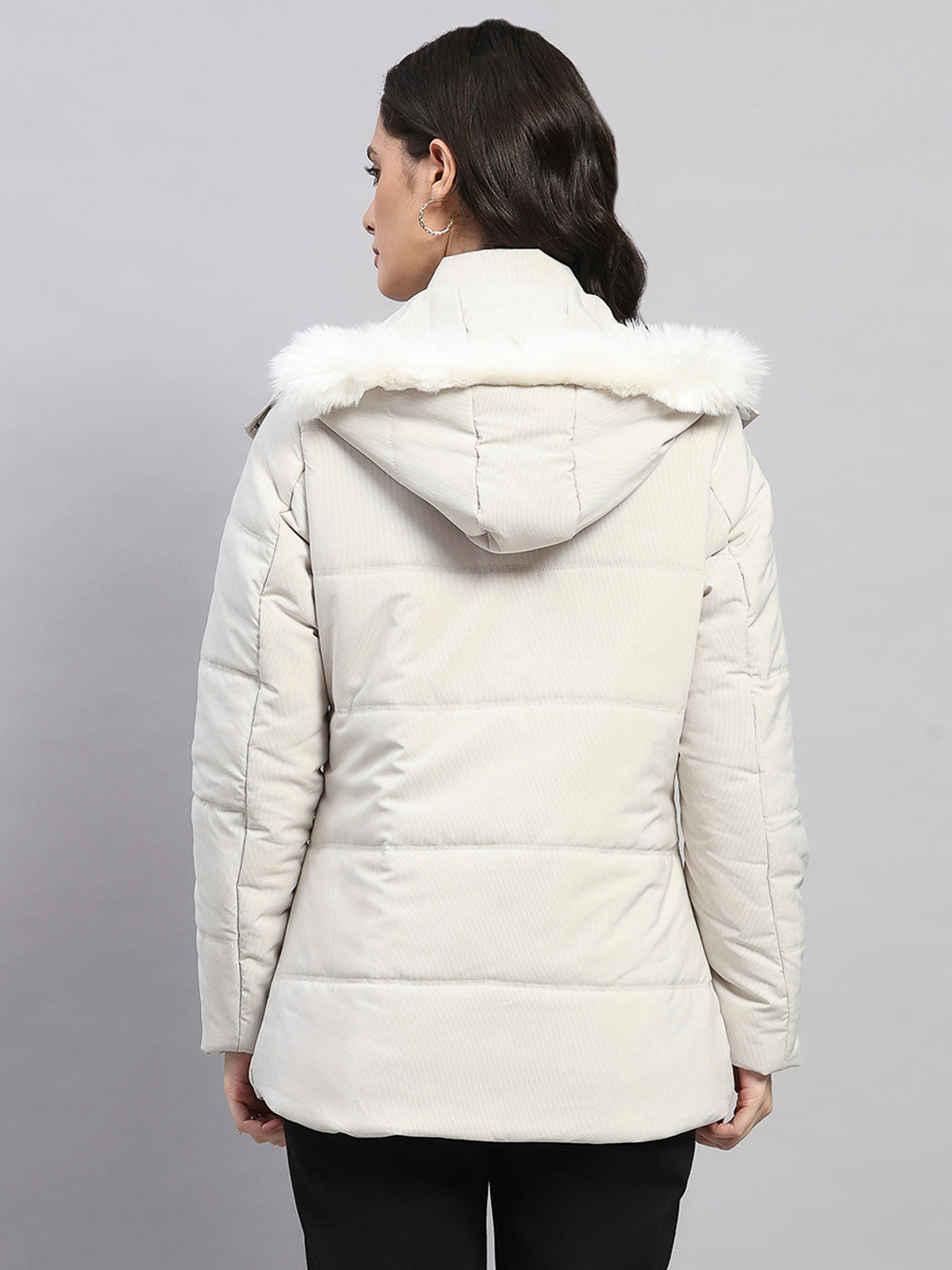 Women Off White Stripe Hooded Full Sleeve Jacket